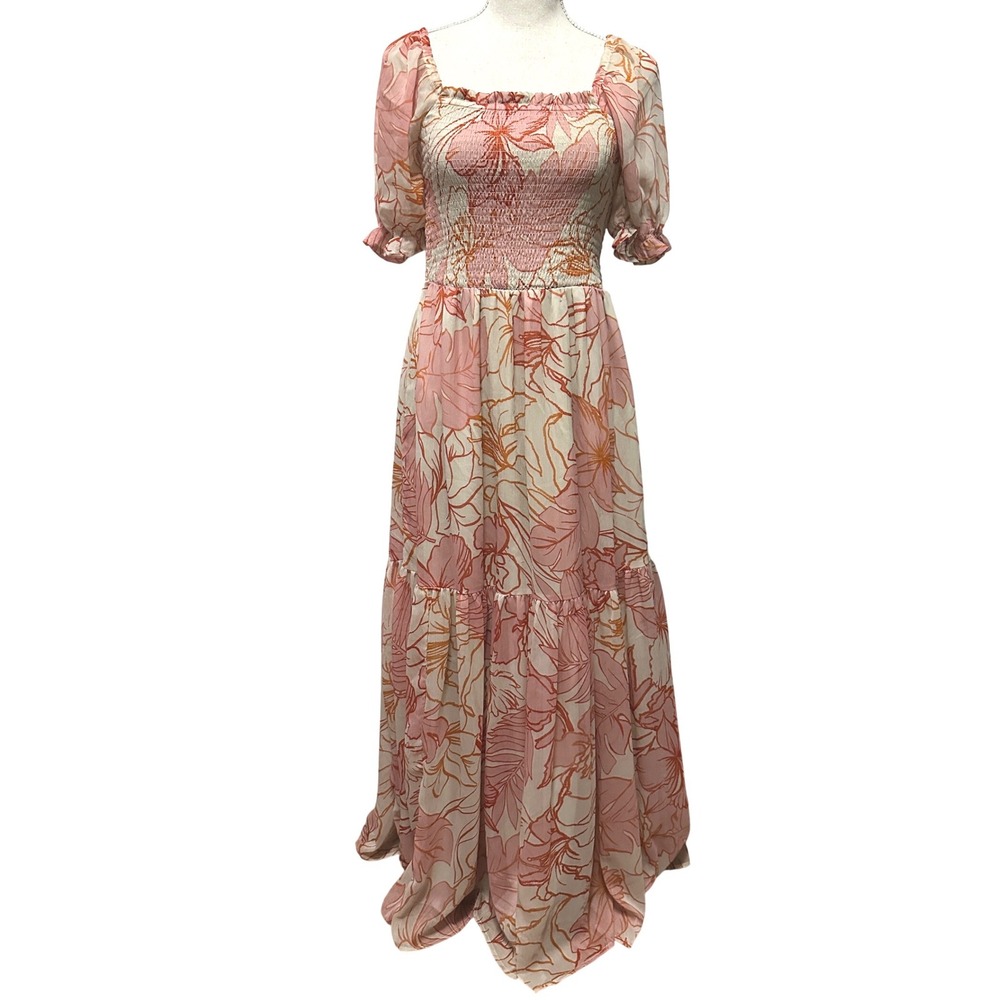 Patrons of‎ Peace Floral Milkmaid Smocked Tiered Maxi Dress Women's M Cottage